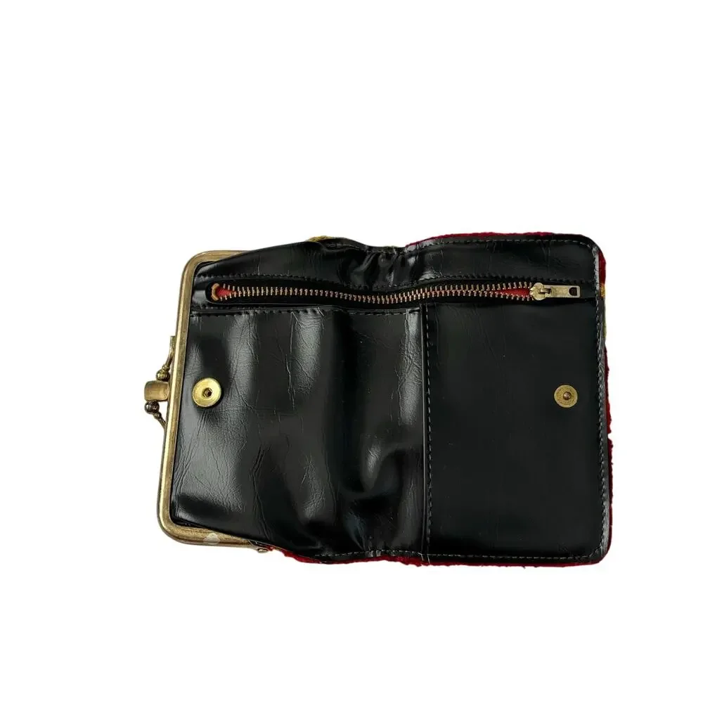 Vintage 1970s Chenille Folded Wallet Red Yellow